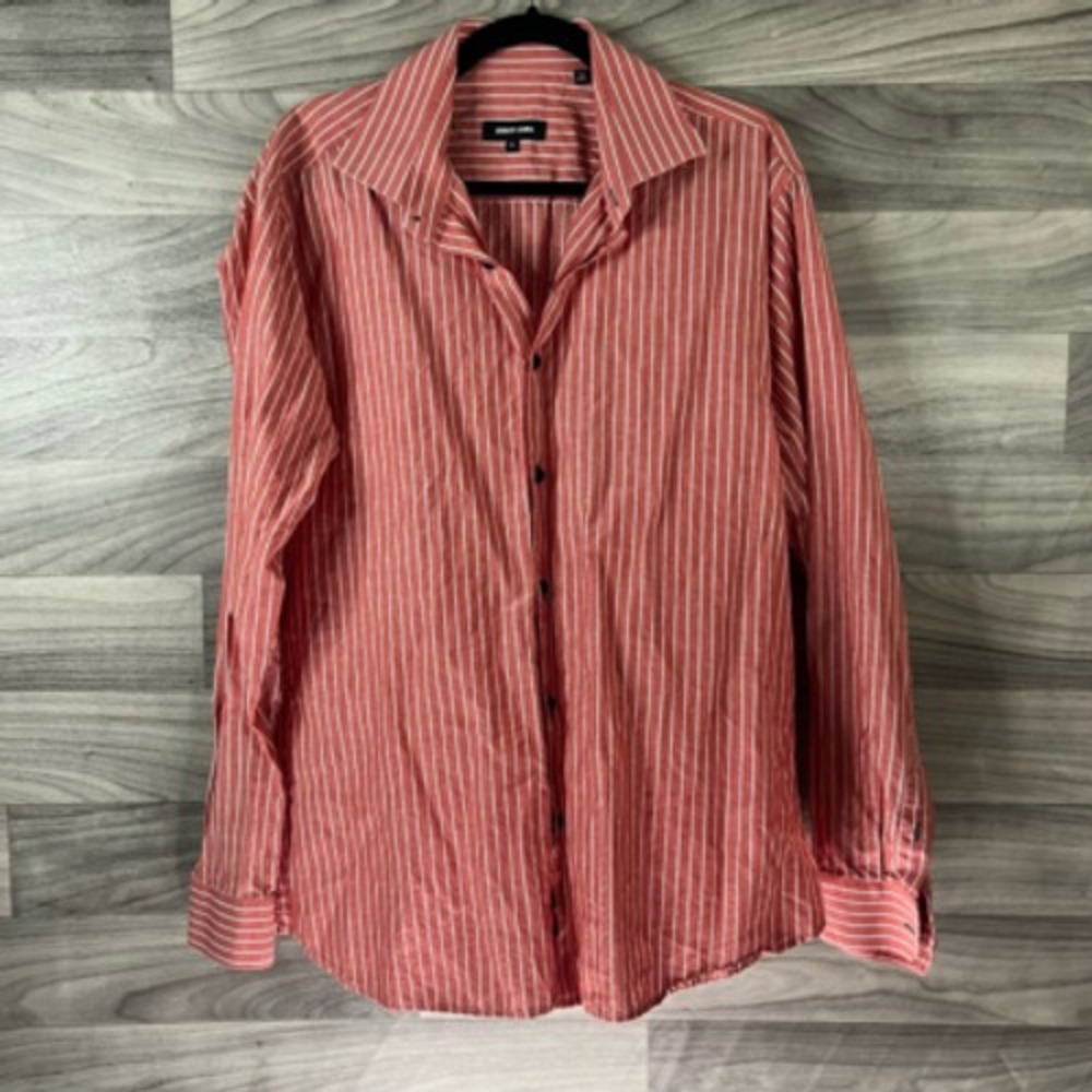 Jared Lang Mens Button-Up Shirt Red White Striped Long Sleeve 100% Cotton XL
